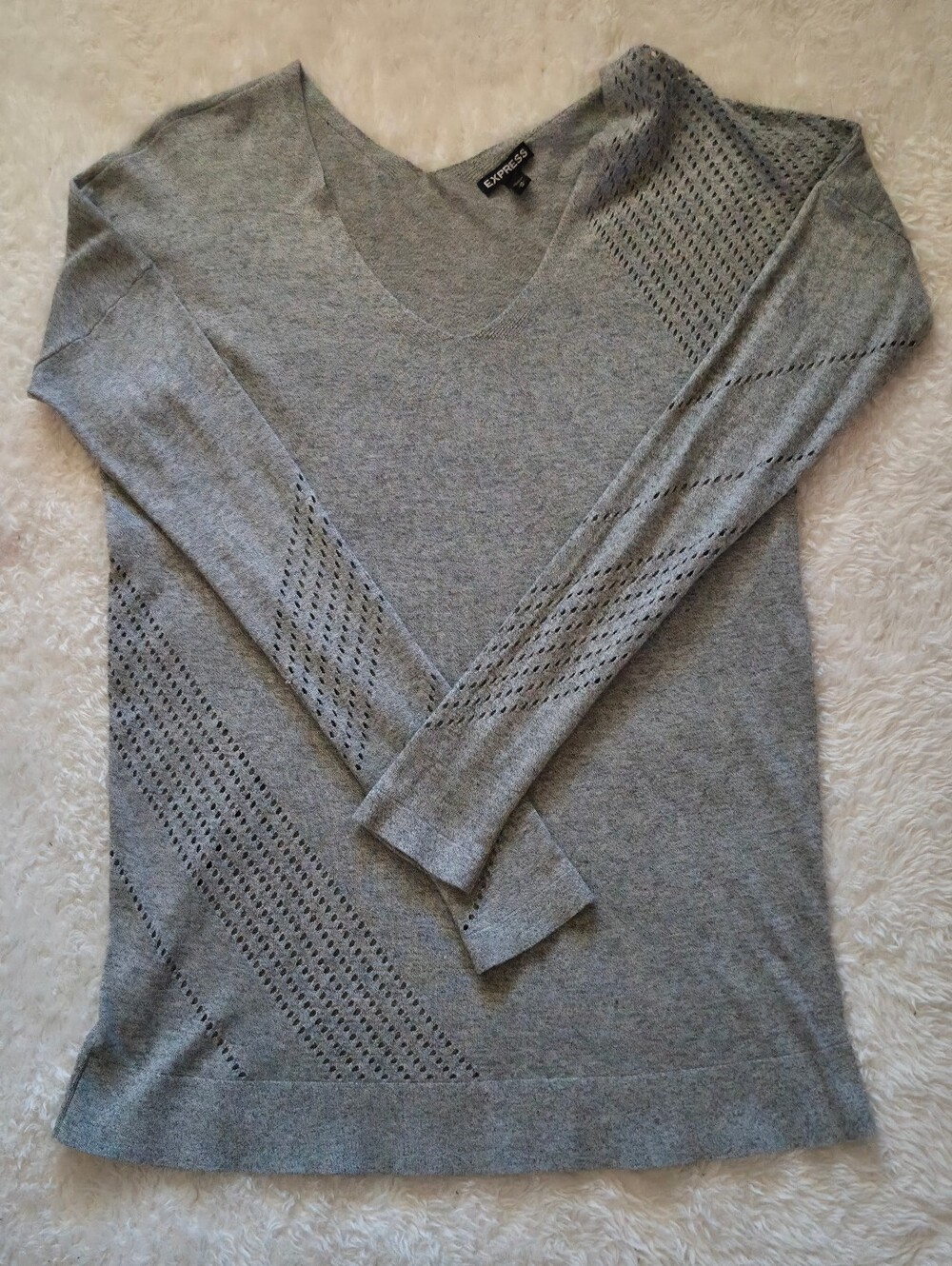 Express Light Gray V-Neck Pointelle Knit Sweater